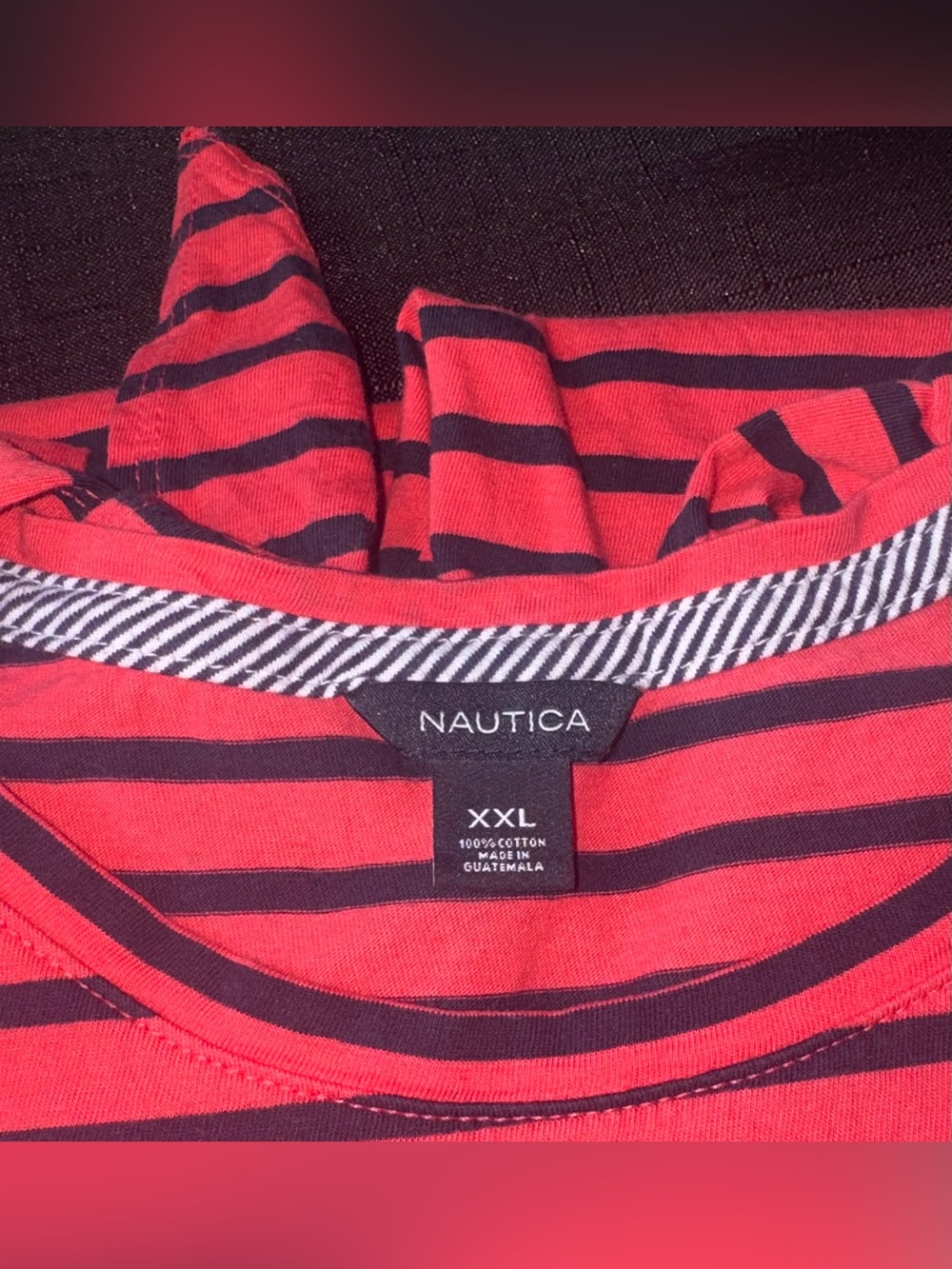NAUTICA SHIRT WOMENS SZ 100% COTTON MELONBERRY STRIPES RED NAVY TIE SLEEVE XXL